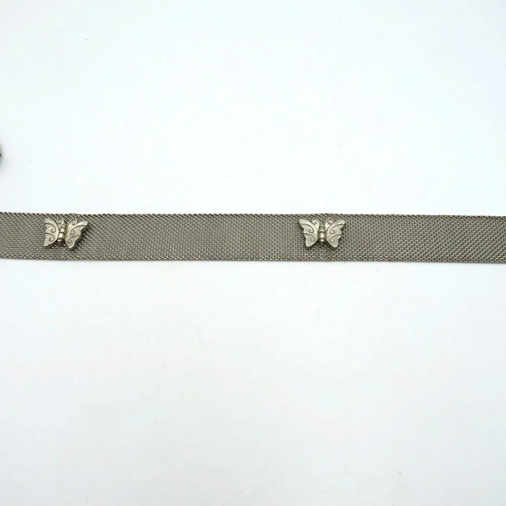 Silver Tone Mesh Belt Womens Size 33 Butterfly‎ Medallions Metallic Buckle